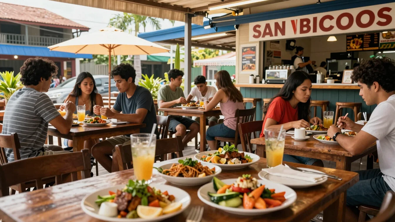 Vibrant local dining spot in San Nicolas with outdoor seating and fresh regional dishes under warm daylight