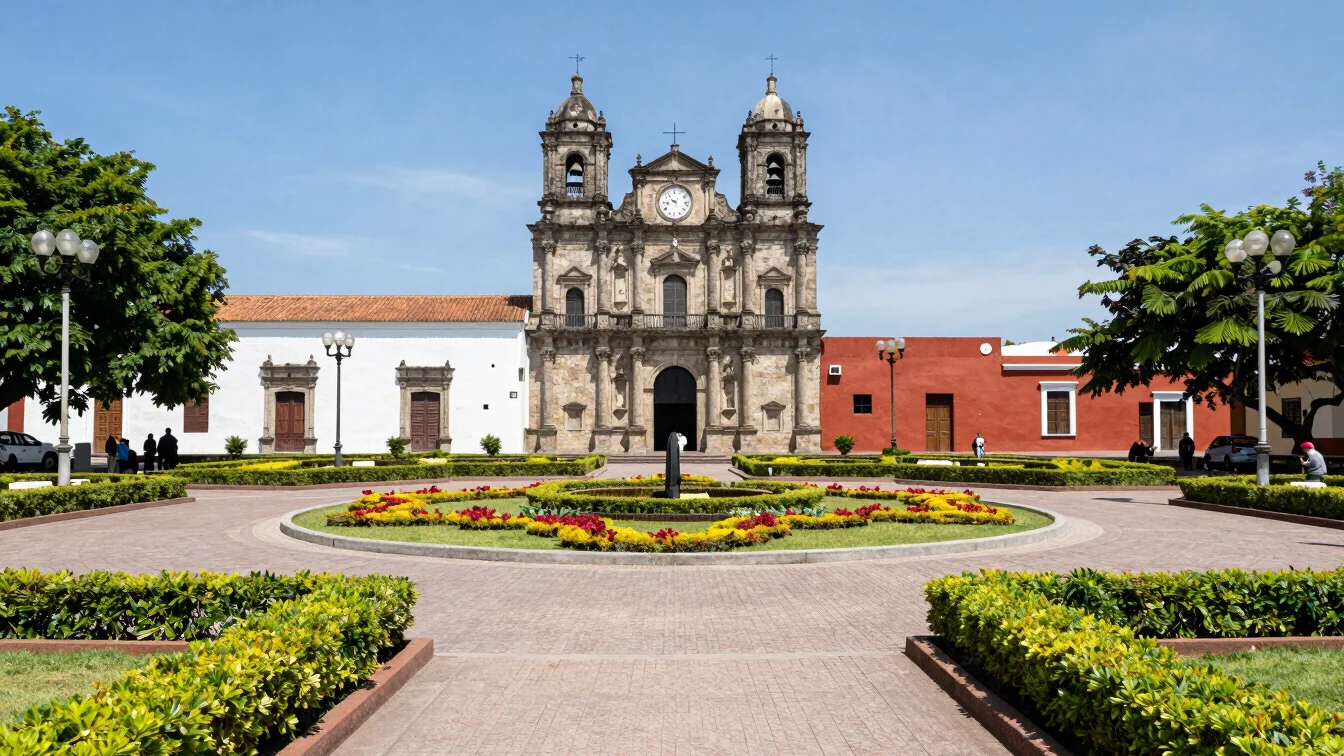 Historic San Nicolas municipal landmark surrounded by manicured gardens and open public plazas