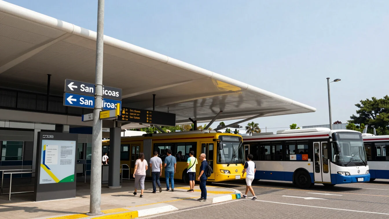 Modern transit hub in San Nicolas with clear directional signage and public transport vehicles