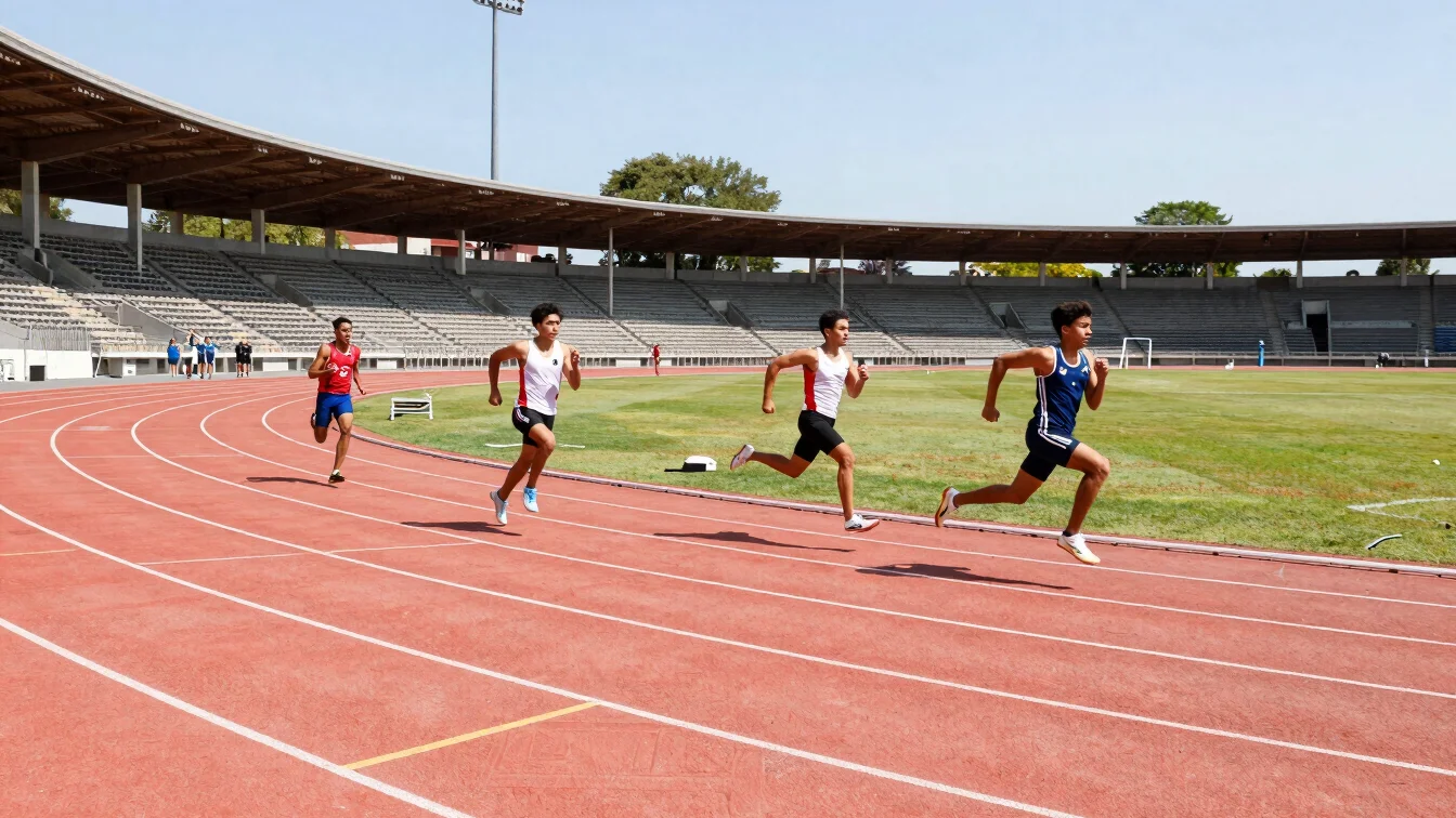 Wide outdoor stadium running track in San Nicolas under crisp day