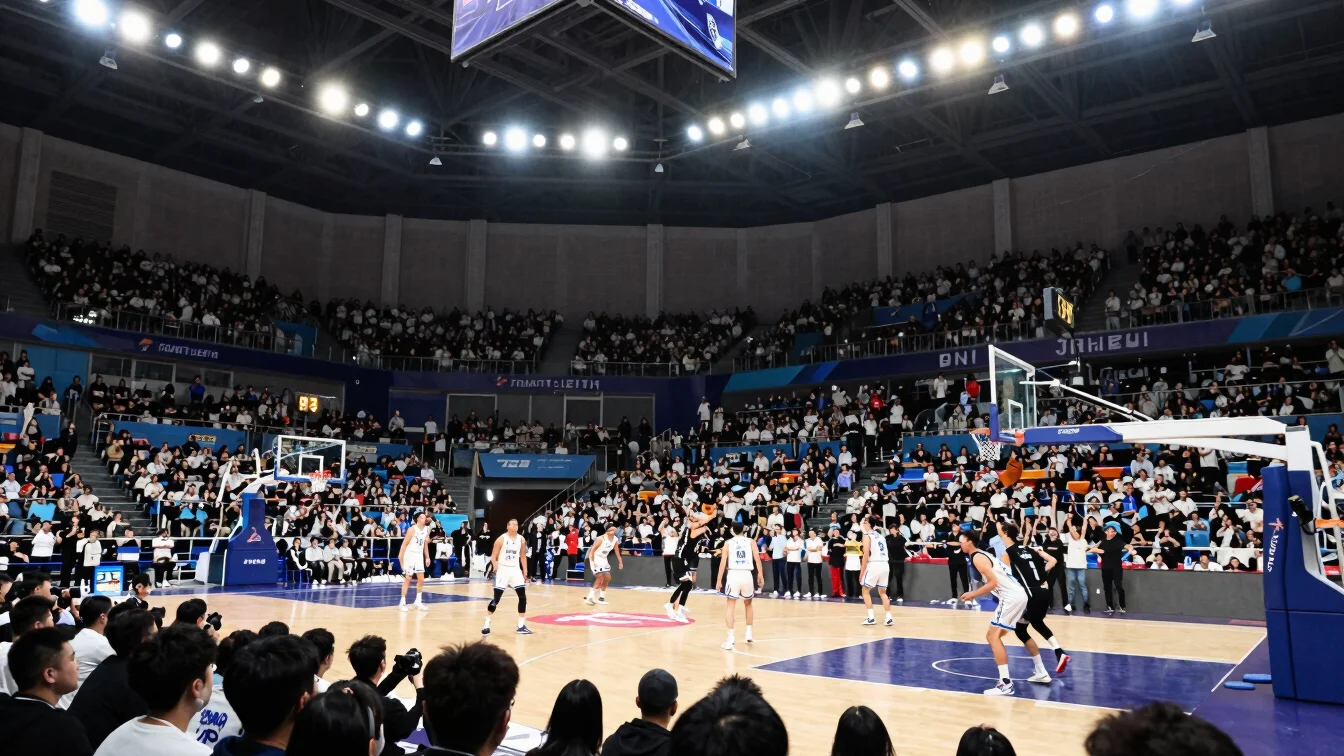 Indoor basketball arena filled with cheering spectators, intense