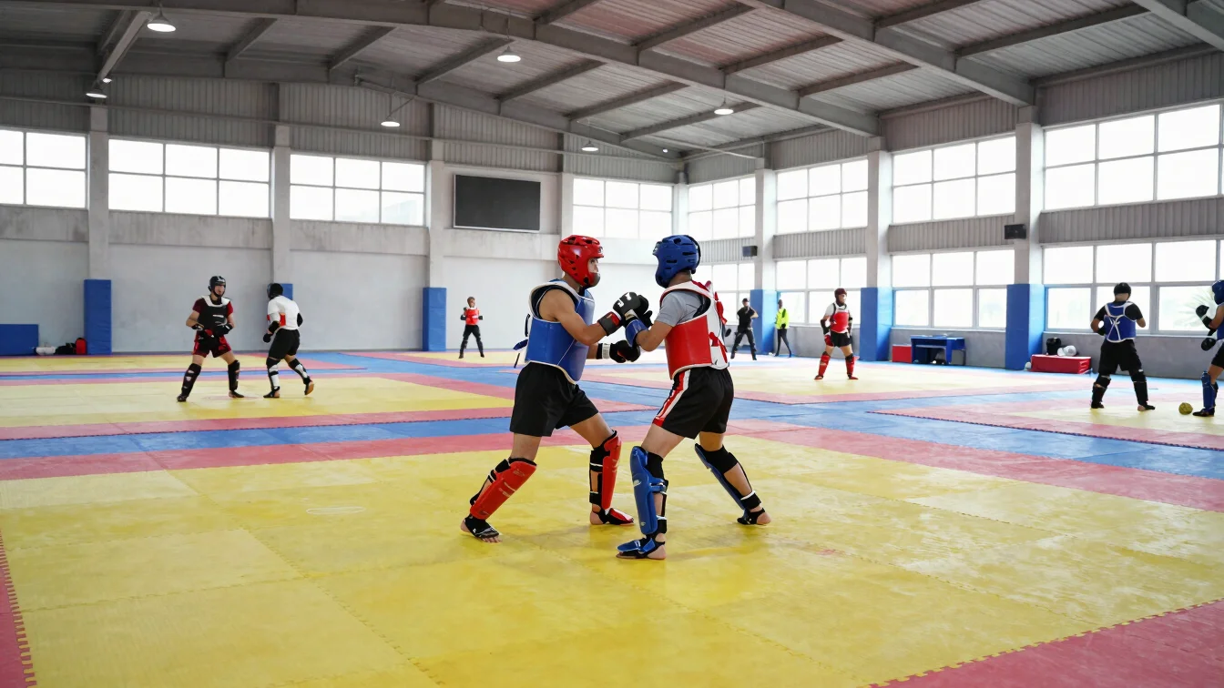 Athletic indoor sports hall with combat mats, focused student-ath
