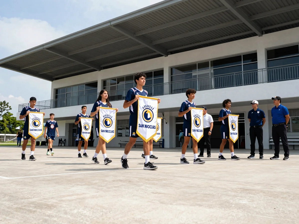 Dynamic low-angle daylight photograph of student-athletes and team officials arriving at a modern sports venue in San Ni