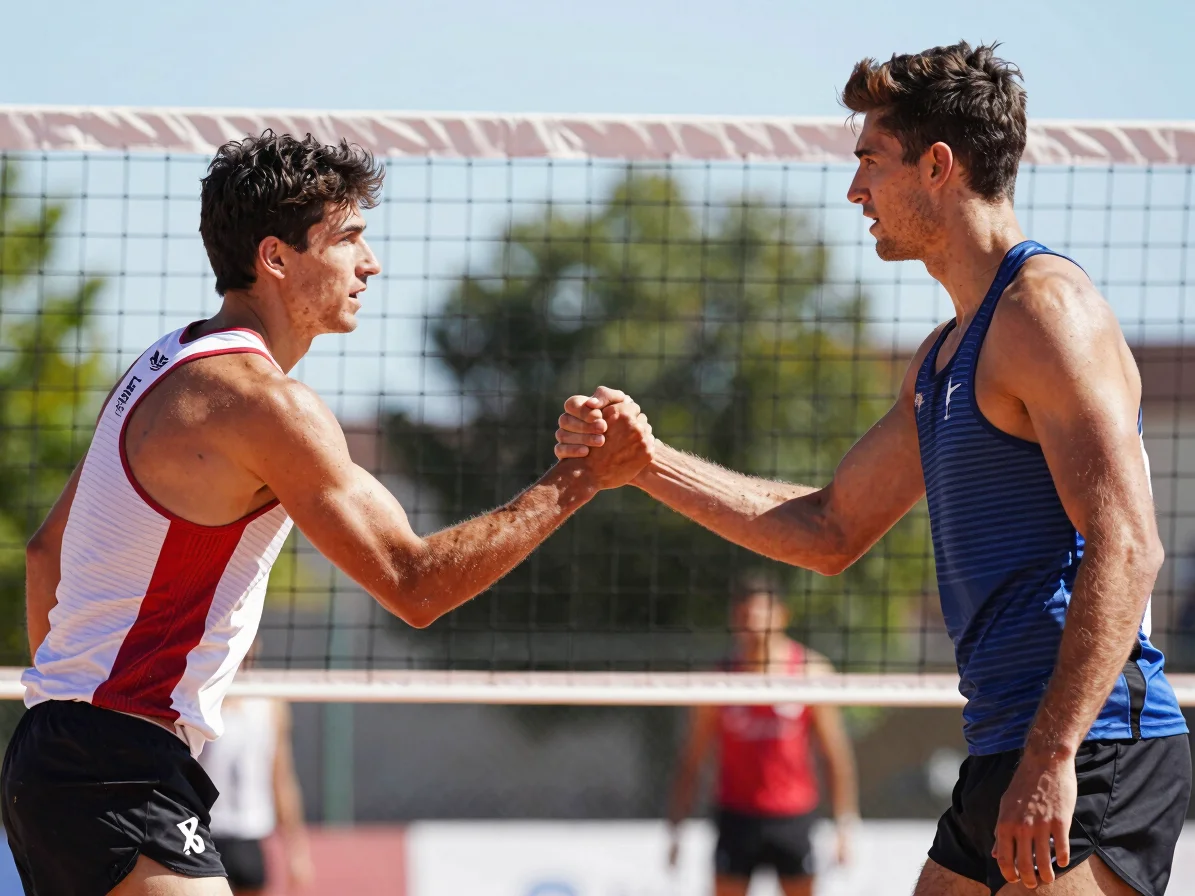 High-contrast athletic sports photograph of two competing athletes shaking hands over a net after a high-intensity match